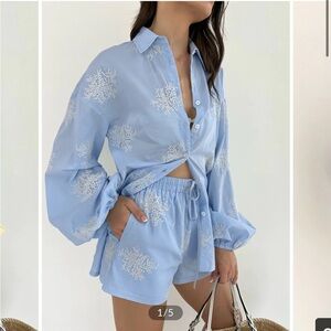 Commense Semi-Sheer Plant Embroidery Casual Shorts Set